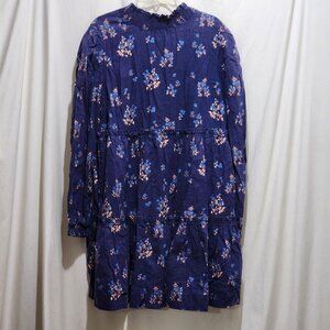 Free People Blue Floral Dress Smocked Neckline Ties Linen Blend Mini XS